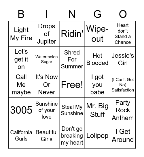 Songs of the Summer Bingo Card