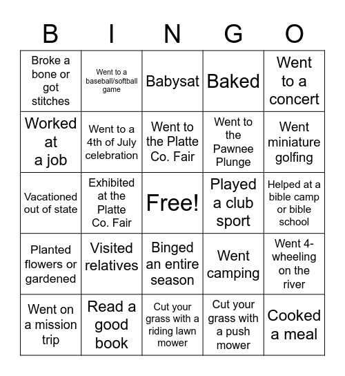 Summer Fun Bingo Card