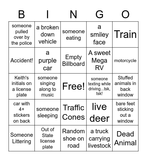 Road Trip Bingo! Bingo Card