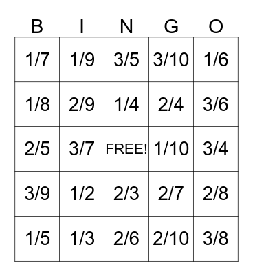 Fraction Bingo Card