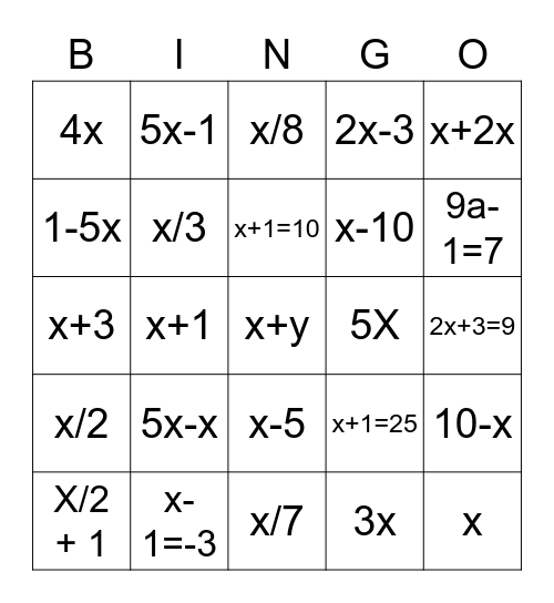 Bingo da álgebra Bingo Card