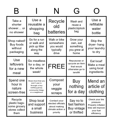 Eco Action Bingo Card