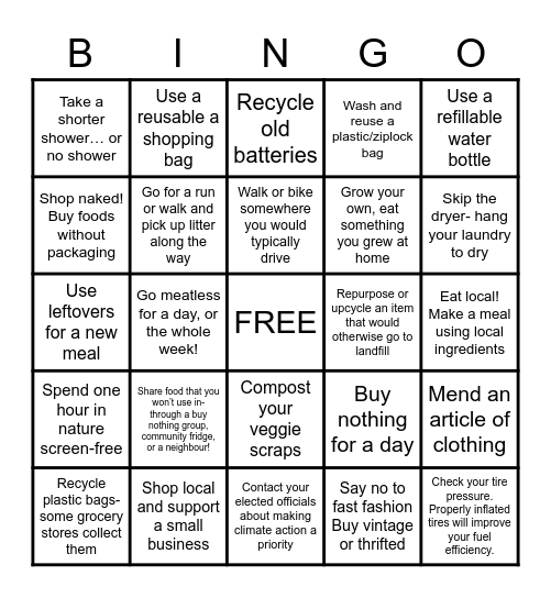 Eco Action Bingo Card