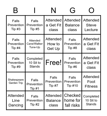 Falls Prevention BINGO Card