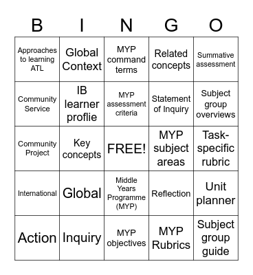 MYP Vocabulary Bingo Card