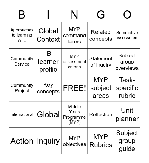 MYP Vocabulary Bingo Card