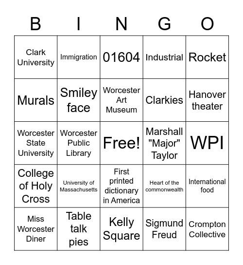 Welcome to Worcester Bingo Card