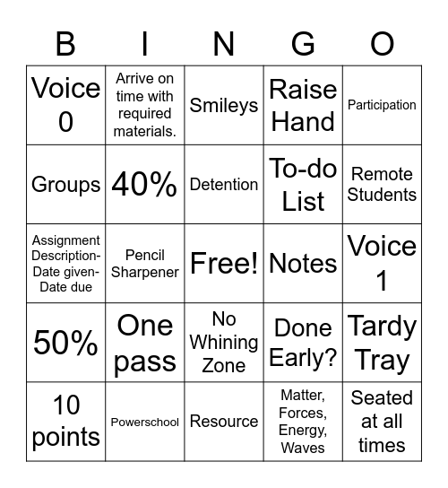 Updated Rules and Procedures Bingo Card