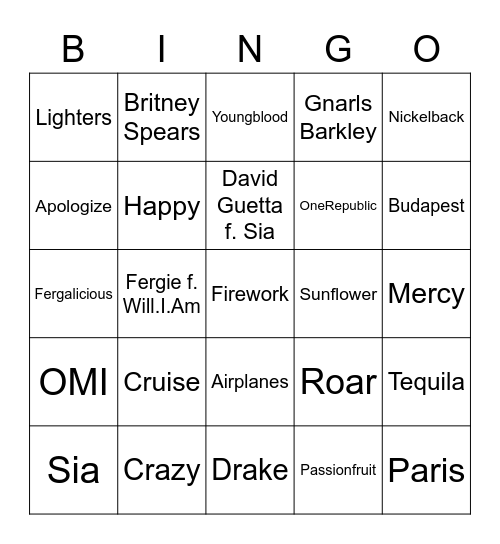 One Word Song Titles Bingo Card