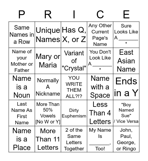 NAMETAG BINGO Card