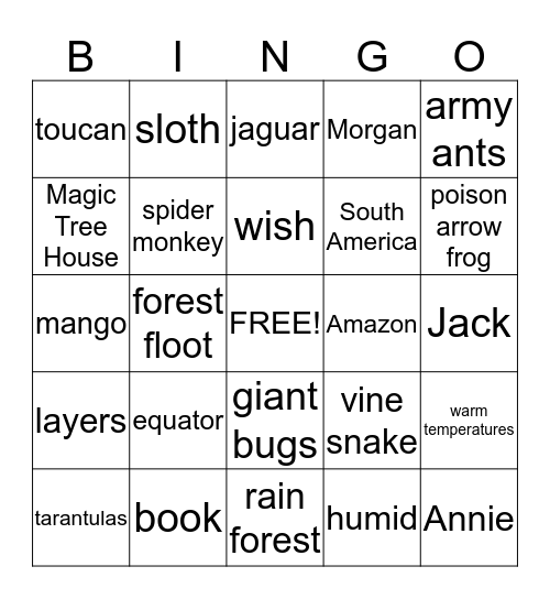 Rain Forest Bingo Card