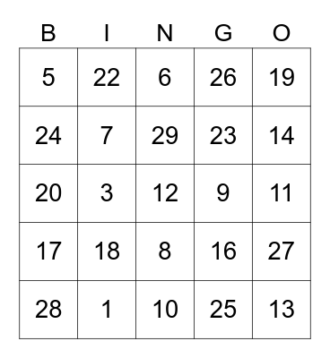 Los numeros Bingo Card