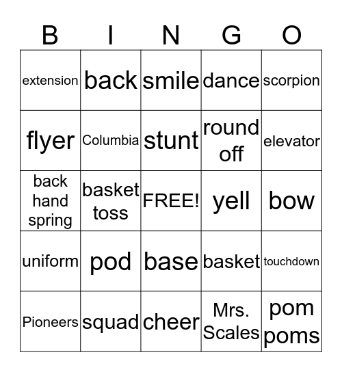 Columbia Cheer Bingo Card