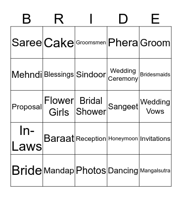 Bridal Bingo Card