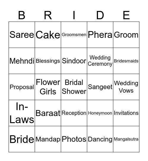 Bridal Bingo Card