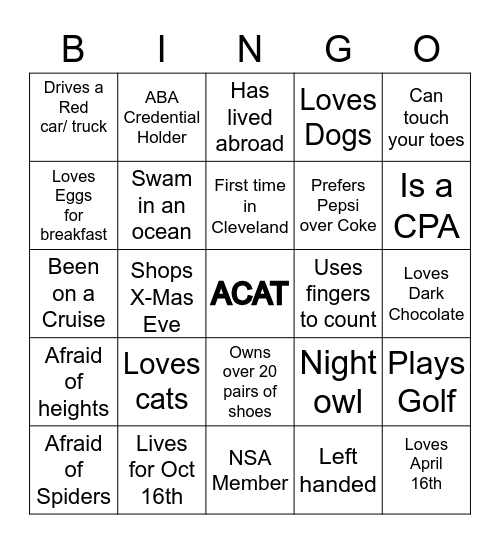 ACAT Get to Know You Bingo Card