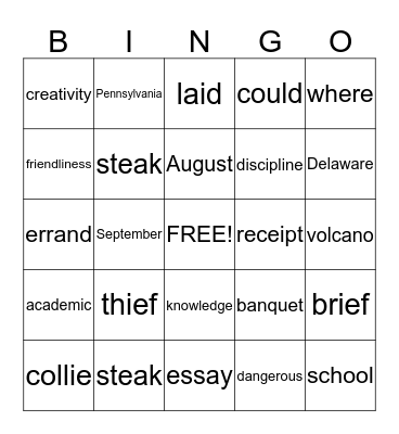 spelling list 1 Bingo Card