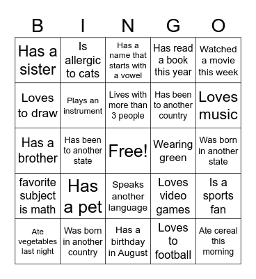 Getting to Know You Bingo Card