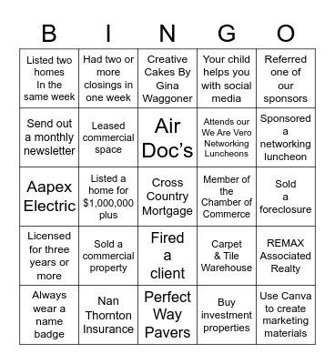 Realtors & Friends Luncheon Bingo Card