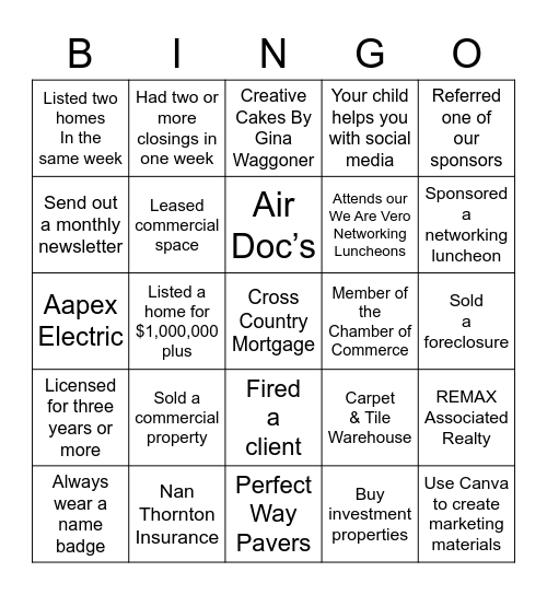 Realtors & Friends Luncheon Bingo Card