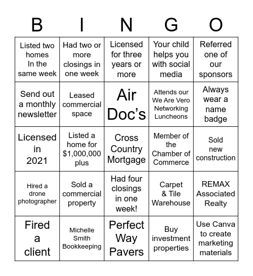 Realtors & Friends Luncheon Bingo Card