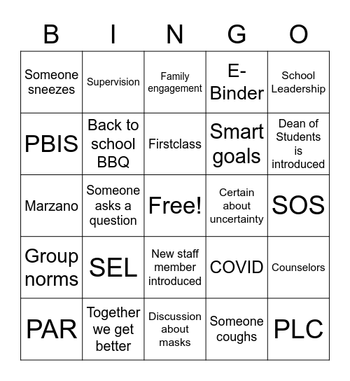 Staff Meeting Bingo Card
