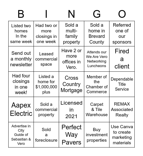 Realtors & Friends Luncheon Bingo Card