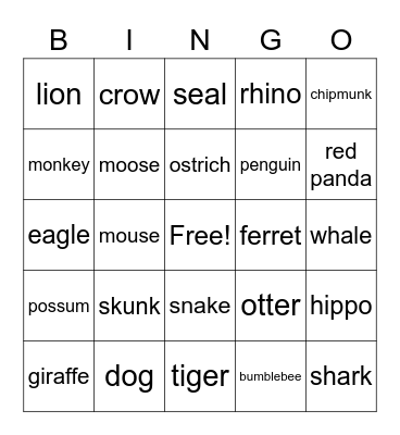 Animals Bingo Card