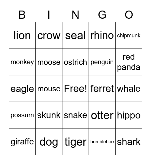 Animals Bingo Card