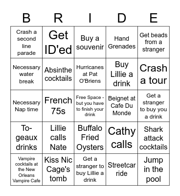 Lillie's Big Easy Bach - Bucket List Bingo Card