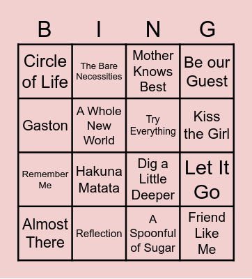 Disney Music Bingo Card