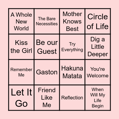 Disney Music Bingo Card