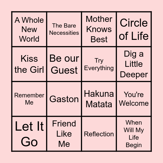 Disney Music Bingo Card