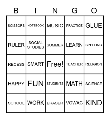 Miss K's Word Bingo Card