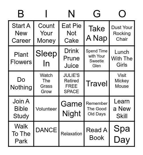 Julie's Retirement Bingo Game Bingo Card