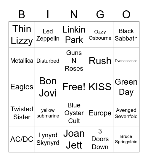 Rock Music Bingo Card