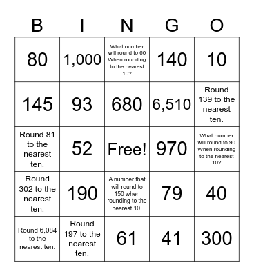 Rounding To The Nearest Ten Bingo Card
