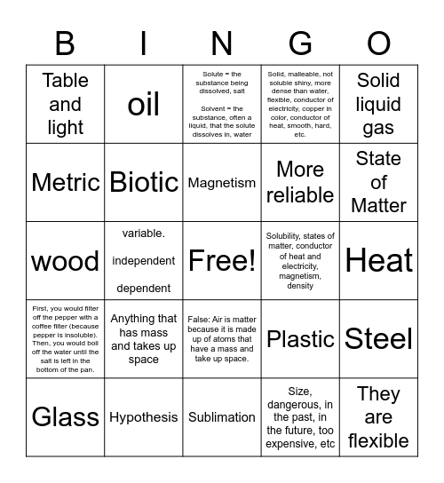 Properties of Matter Bingo Card