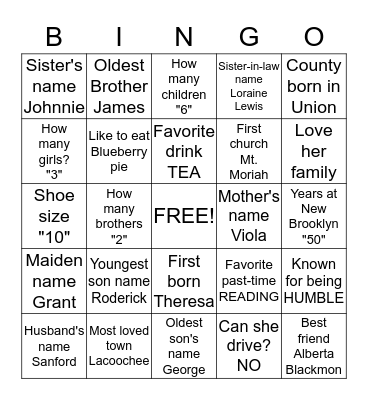 Katrena's 89th Birthday Bingo Card