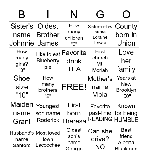 Katrena's 89th Birthday Bingo Card