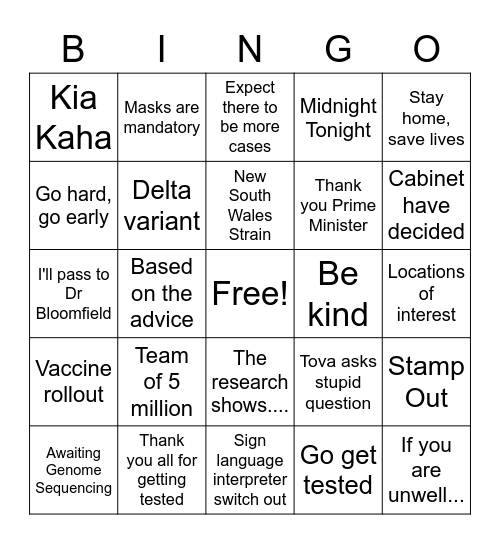 1pm COVID-19 Update Bingo Card