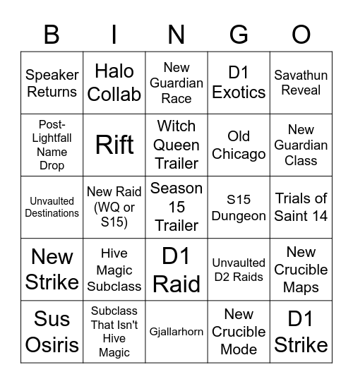 Destiny Showcase Bingo Card