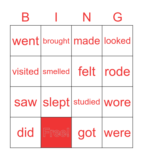 Correct Past tense Verbs Bingo Card