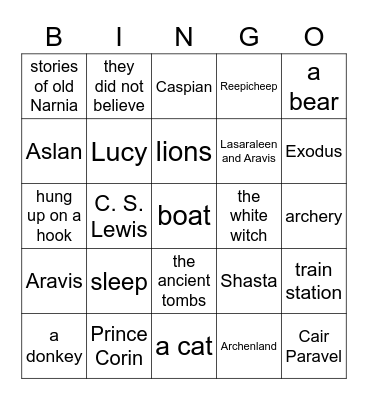 The Horse and His Boy and Prince Caspian Bingo Card