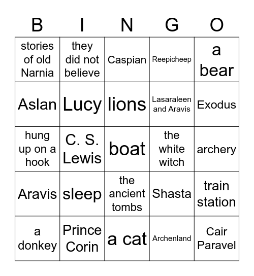 The Horse and His Boy and Prince Caspian Bingo Card