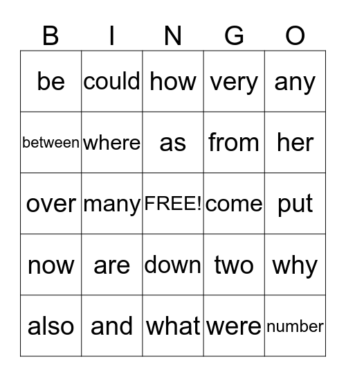 Trick Word Bingo Card