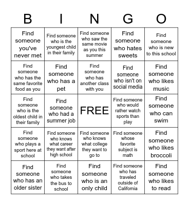 Introductory Activity Bingo Card