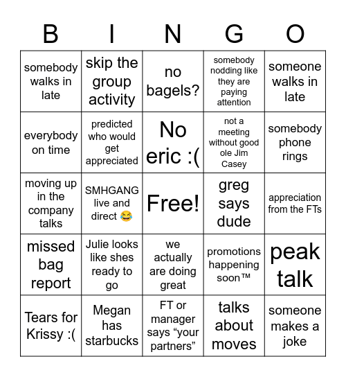 PT Sup Meeting Bingo Card