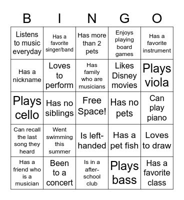 Orchestra Bingo Card