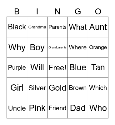 Family signs Bingo Card